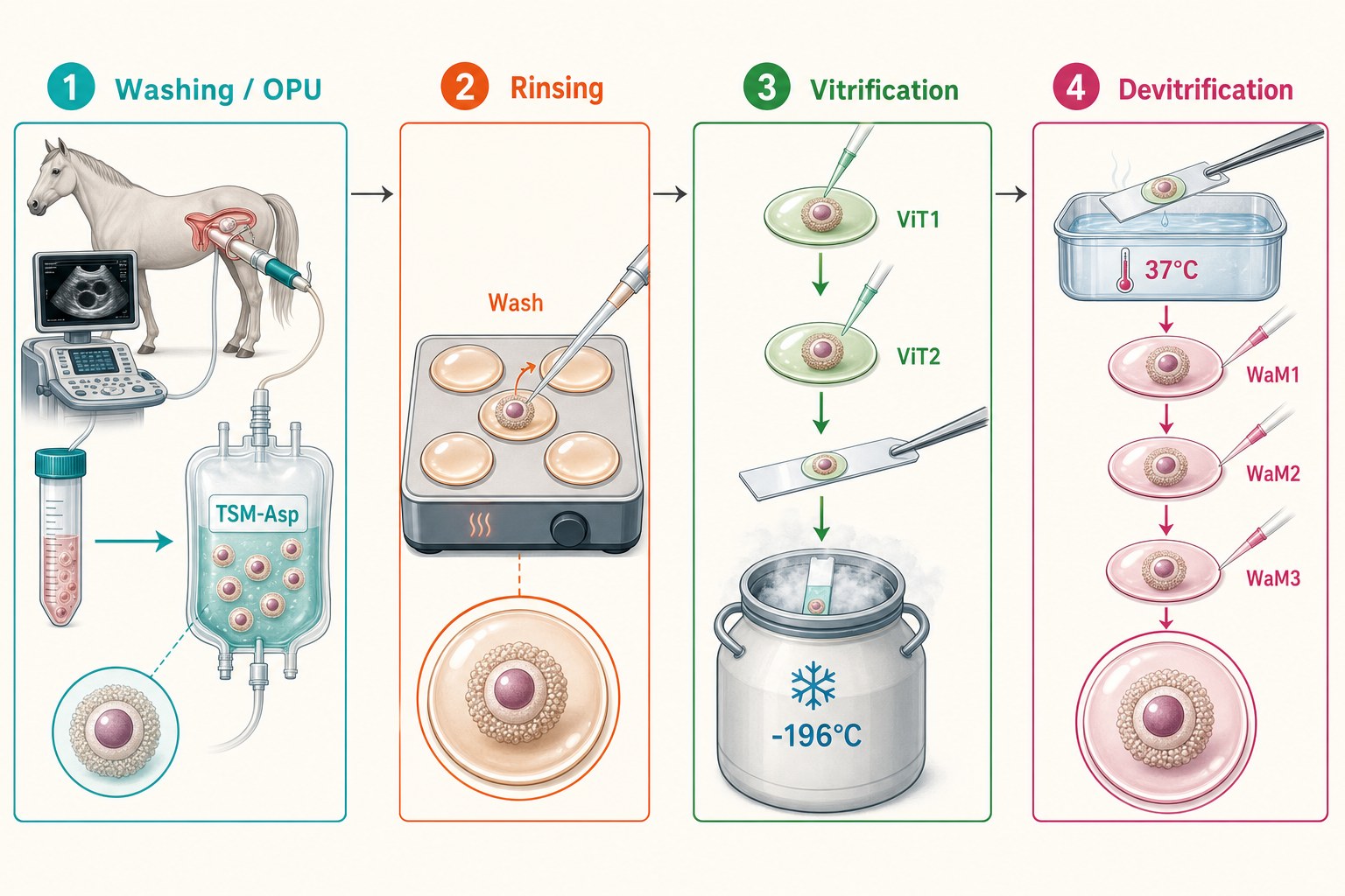 Схема полного цикла in vivo протокола: вымывание в TSM-Asp, отмывка Wash, витрификация ViT1/ViT2 и девитрификация WaM1/WaM2/WaM3